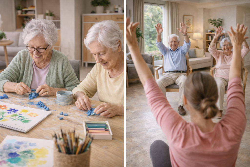 Art-thérapie en EHPAD, personnes âgées engagées dans des temps de création artistique et de mouvement.